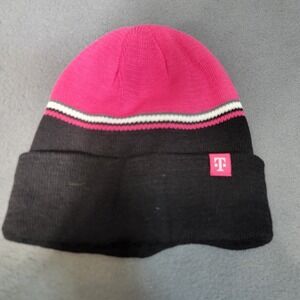 T-Mobile Beanie Hat Magenta Black Striped Cuffed Knit Cap Recycled Polyester